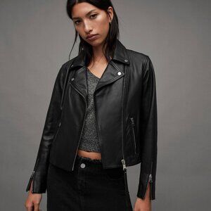 All Saints Neve Shrunken Slim Leather Biker Jacket – Black (Size US 8 / EU 40)